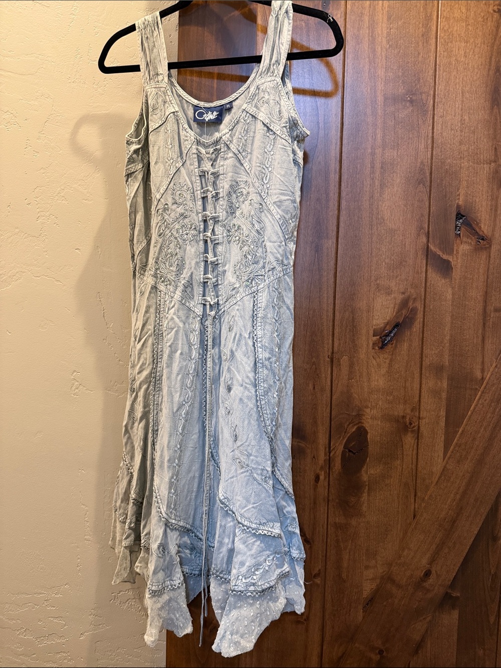Embroidered Lace-Up Maxi Dress - Light Grey